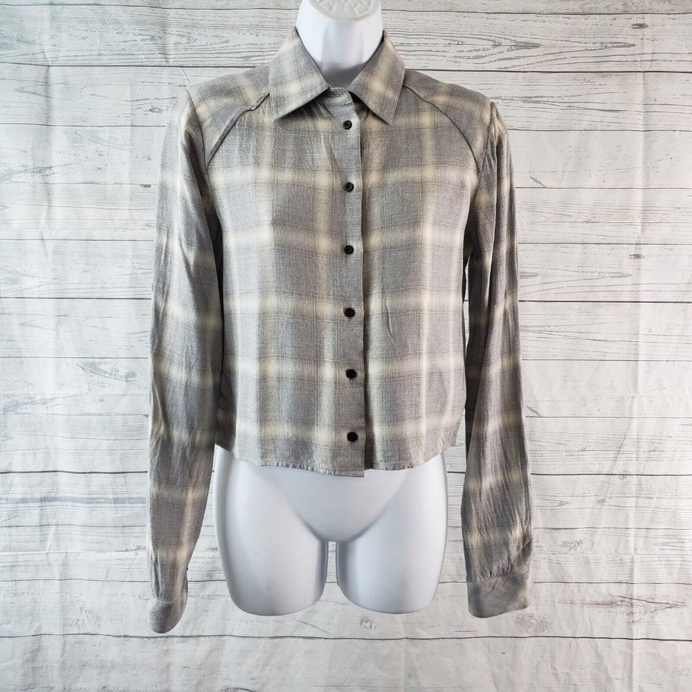 R+A Womens Button Front Crop Top Sz XS‎ Gray Plaid Long Sleeve Rayon